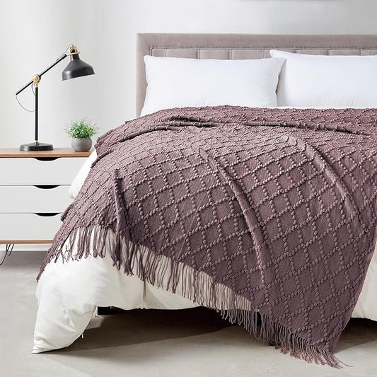 BOURINA Dark Lavender Throw Blanket 50 x70 Inches Jacquard Argyle Throw Textured Solid Soft Throws and Blankets for Sofa or Bed Knitted Decorative Blanket