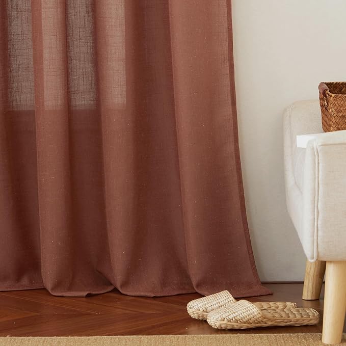 RYB HOME Curtains 63 inch Length, Semi Sheer Linen Blend Light Filtering Shades UV Protection Window Panels Drapes for Farmhouse, Living Room, Study, Home Office, 52 Wide x 63 inch Long, Terracotta
