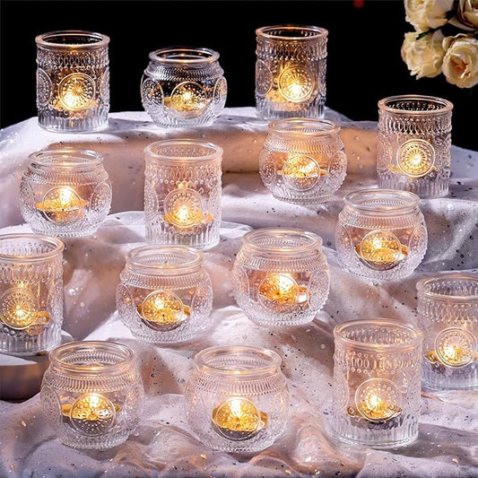 DARJEN 48Pcs Clear Votive Candle Holders - Glass Tea Light Candle Holder, Candle Holders Bulk, Embossed Candle Votives for Wedding Centerpiece & Home Decor
