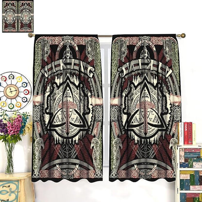 Viking Curtains Nordic Mythology Rune Weapon Antique Viking Pirate Crow Art Pattern Printed Curtains Bedroom Living Room Decoration Blackout Curtains W55 * L63 Inch