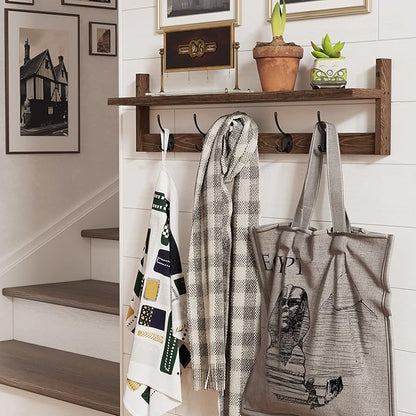 BAMEOS Wall Mounted Coat Rack with Adjustable Easy Install, Rust Proof, Brown Wooden Material, 28.9 Inch Length