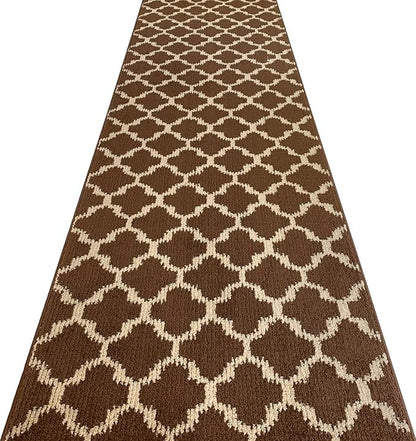 Custom Size Cut to Length Moroccan Trellis Design Runner Rug Mat For Wide Long Hallways with Non-Slip Rubber Backing, Better Traction for Pets, Prevent Slippage, Trellis Brown, 31 inch X 7 feet