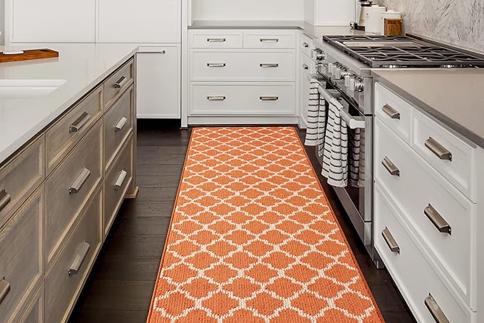 Custom Size Moroccan Trellis Runner Rug Mat for Wide Hallway Entryway Kitchen Laundry Room with Slip Resistant Latex Rubber Backing, Trellis Orange, 31 inch X 12 feet