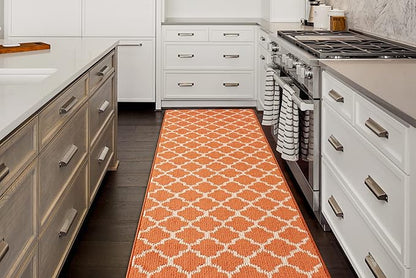 Custom Size Moroccan Trellis Runner Rug Mat for Wide Hallway Entryway Kitchen Laundry Room with Slip Resistant Latex Rubber Backing, Trellis Orange, 31 inch X 10 feet