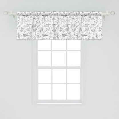 Ambesonne Cartoon Window Valance, Doodle Solar System Astronauts Space Crafts Shooting Stars Science Fiction Theme, Curtain Valance for Kitchen Bedroom Decor with Rod Pocket, 54" X 18", White Black