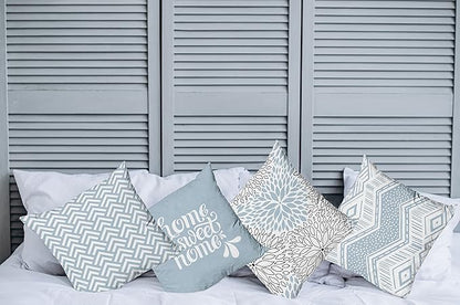 Ambesonne Geometric Throw Pillow Cushion Case Pack of 4, Home Phrase Minimal Zigzag Squama Dahlia Flower Petals Chevron Tribal, Modern Accent Double-Sided Digital Printing, 24", Pale Blue Grey White