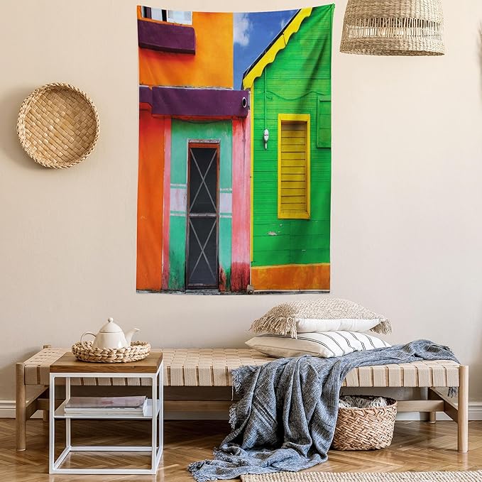 Lunarable Mexican Tapestry, Caribbean Houses in Vibrant Color Scheme in Isla Mujeres Mexico Latin America Photo, Wall Hanging for Bedroom Living Room Dorm Decor, 40" X 60", Green Pink
