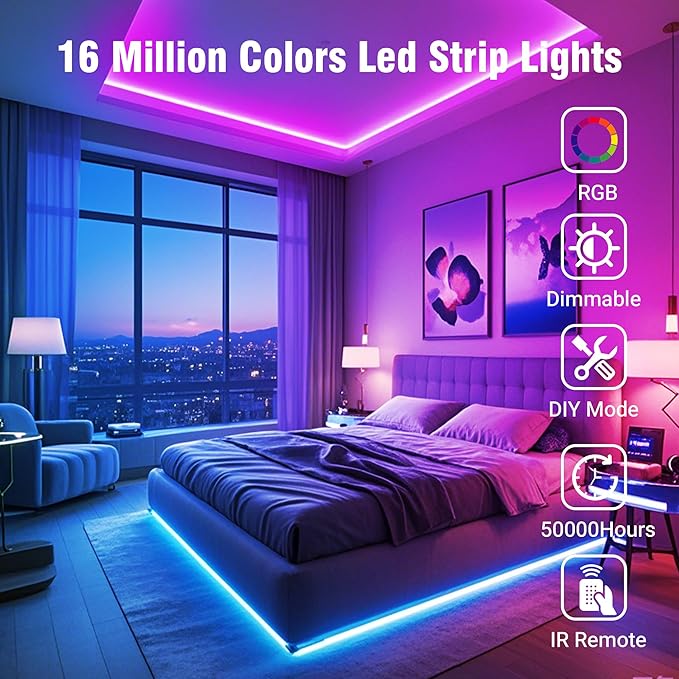 VOLIVO LED Strip Lights for Bedroom 200ft, Smart Bluetooth RGB Light Strips with App Control & Music Sync, Color Changing LED Lights for Room, Home, Party Decor