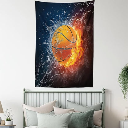 Ambesonne Sports Tapestry, Basketball Ball and Water Splashing Thunder Lightning Themed Design, Wall Hanging for Bedroom Living Room Dorm Decor, 40" X 60", Dark Blue and Burgundy