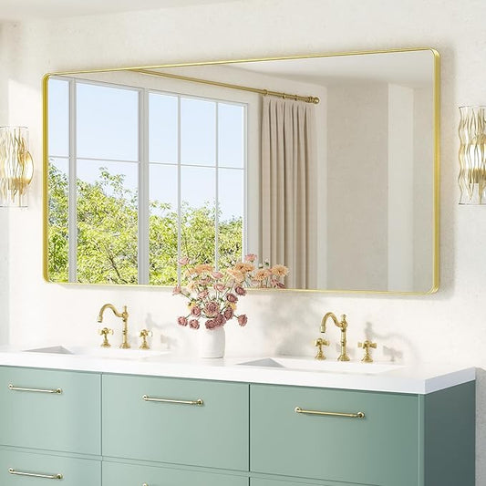 TETOTE 72 x 36 Inch Gold Framed Mirror Vanity Mirrors for Wall Decor Brushed Gold Bathroom Mirrors, Tempered Glass, Modern Farmhouse Wall Mounted Mirror for Decorative(Horizontal/Vertical)