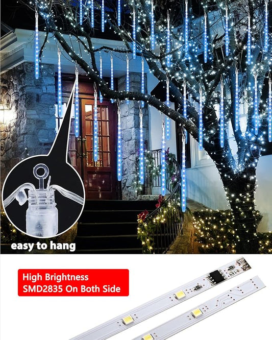 Joomer 2Pack Christmas Lights Outdoor, 11.8 inch 10 Tubes 240 LED Meteor Shower Lights, LED Falling Icicle Cascading Light with Timer Waterproof and Connectable for Christmas Decoration (Blue)