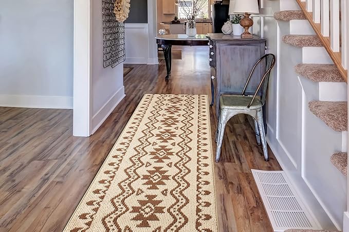 Custom Length Cut to Size Tribal Ethnic Southwestern Inspired Hallway Runner Rug, Non Slip Rubber Backed, 31 inch Wide X Customized Length, Aztec Beige, 31 inch X 4 feet, Doormat Size