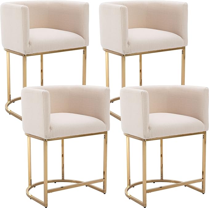 Modern Counter Height Linen Upholstered Bar Stools Set of 4, 24" Kitchen Counter Island Stools Bar Chairs with Gold Metal Frame for Kitchen Island, Cream