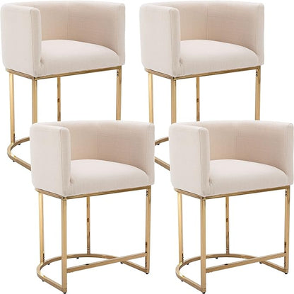 Modern Counter Height Linen Upholstered Bar Stools Set of 4, 24" Kitchen Counter Island Stools Bar Chairs with Gold Metal Frame for Kitchen Island, Cream