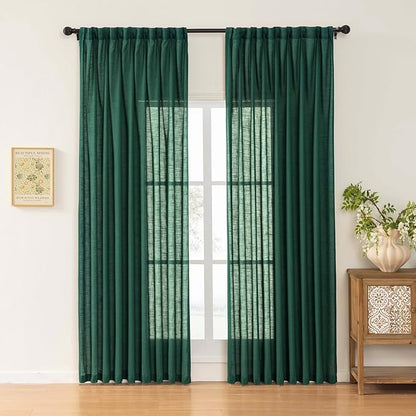Emerald Green Linen Pinch Pleated Sliding Door Curtains Semi Sheer, 2x50 Inches Width, Hunter Light Filtering Drapes 102 Inches Long, Dark Textured Floor to Ceiling Window Curtain Panels