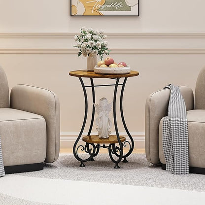 Side Table,Small Round End Table with Lower Shelf for Small Spaces, Portable Couch Sofa Coffee Table,Bedside Nightstand Table with Metal Frame,Retro Accent Drink Table for Living Room Bedroom Balcony