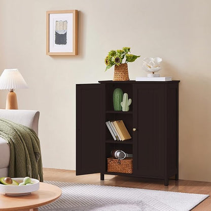 Yaheetech Bathroom Floor Cabinet, Modern Storage Freestanding Organizer Cabinet with Adjustable Shelves & Double Doors, 3-Tier Home Living Room Furniture, Espresso