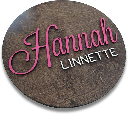 Custom Round Nusery Name Sign, Personalized 3D Baby Name Announcement Sign, Personalized Wooden Wall Plaque, 3D Wall Art for Children & Kids Rooms, Family Name Signs, 30 Colors (Design 3)