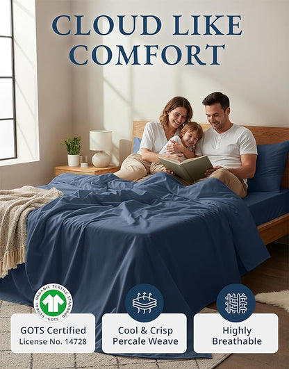LANE LINEN 100% Organic Cotton Sheets for California King Size Bed - Soft Percale Sheets, Breathable Luxury Hotel Style Fully Elasticized Mercerized 15" Deep Pocket Cal King Sheet Set- Estate Blue
