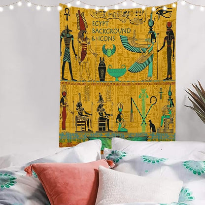 Batmerry Yellow Ancient Egyptian Tapestry, Horus Wall Art Hanging Decoration Polyester Fiber White Ruffled Around for Dorm Room Bedroom Living Room, 82.7x59.1 inches