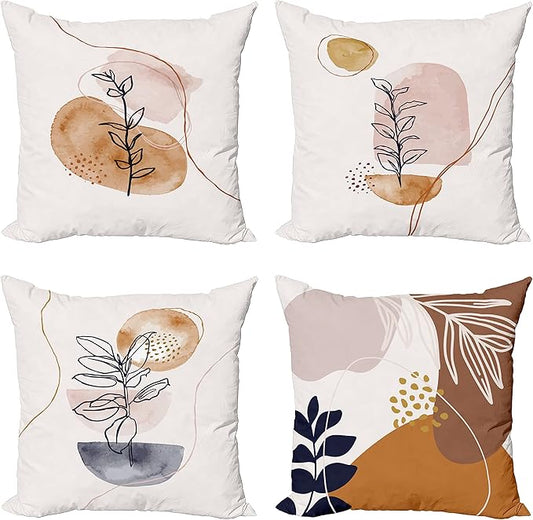 Ambesonne Minimal Throw Pillow Cushion Case Pack of 4, Modern Line Art Plants Leaves Branches with Abstract Watercolor Details, Modern Accent Double-Sided Digital Printing, 24", Rose Umber and Indigo