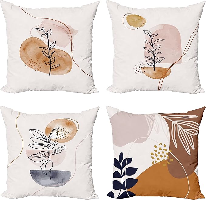 Ambesonne Minimal Throw Pillow Cushion Case Pack of 4, Modern Line Art Plants Leaves Branches with Abstract Watercolor Details, Modern Accent Double-Sided Digital Printing, 16", Rose Umber and Indigo