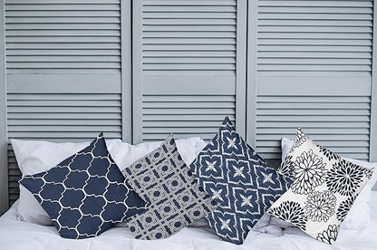 Ambesonne Vintage Throw Pillow Cushion Case Pack of 4, Quatrefoil Mesh Medieval Lattice Ornaments Ethnic Motive and Dahlia Flowers, Modern Accent Double-Sided Digital Printing, 16", Night Blue White