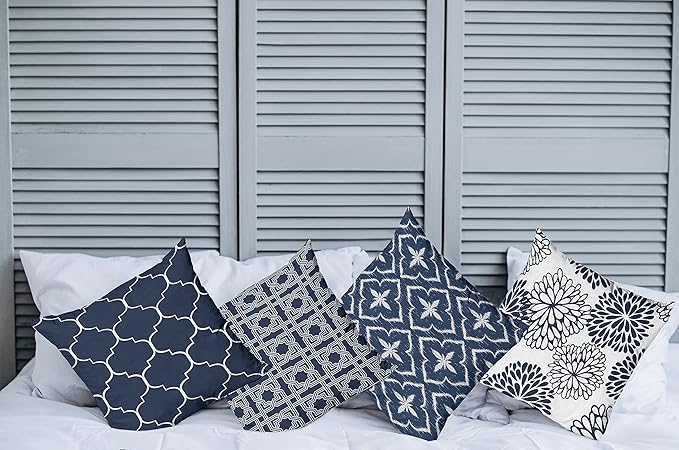 Ambesonne Vintage Throw Pillow Cushion Case Pack of 4, Quatrefoil Mesh Medieval Lattice Ornaments Ethnic Motive and Dahlia Flowers, Modern Accent Double-Sided Digital Printing, 18", Night Blue White