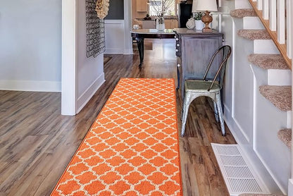 Custom Size Moroccan Trellis Runner Rug Mat for Wide Hallway Entryway Kitchen Laundry Room with Slip Resistant Latex Rubber Backing, Trellis Orange, 31 inch X 10 feet