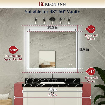 Keonjinn 40 x 32 Inch LED Bathroom Mirror with Backlit, Anti-Fog, CRI90+ HD Dimmable Vanity Mirror, High Lumen, Horizontal/Vertical Wall Mount, UL Listed Lighted Vanity Mirror, Waterproof