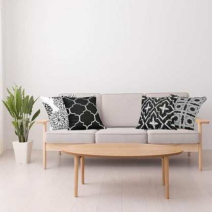 Ambesonne Vintage Throw Pillow Cushion Case Pack of 4, Monochrome Design Grid Trellis Quatrefoil Mesh and Dahlia Flowers Modern, Modern Accent Double-Sided Digital Printing, 24", Charcoal Grey White