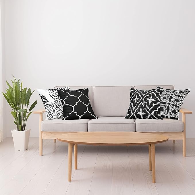 Ambesonne Vintage Throw Pillow Cushion Case Pack of 4, Monochrome Design Grid Trellis Quatrefoil Mesh and Dahlia Flowers Modern, Modern Accent Double-Sided Digital Printing, 20", Charcoal Grey White