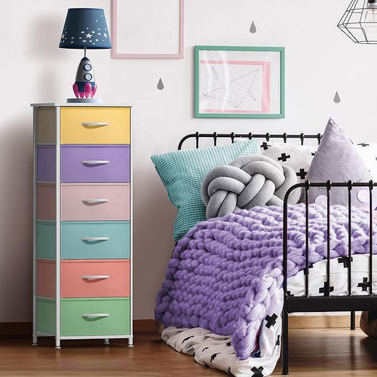 Sorbus Fabric Dresser for Kids Bedroom - Chest of 6 Drawers, Tall Storage Tower, Clothing Organizer, for Closet, for Playroom, for Nursery, Steel Frame, Fabric Bins - Wood Handle (Multi-Pastel)
