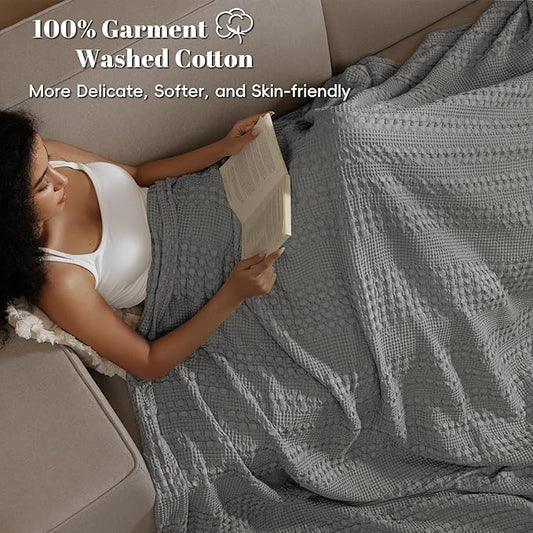 PHF 100% Cotton Waffle Weave Blanket King Size for Bed, Soft Lightweight & Breathable, All-Season Comfort, Luxury Aesthetic Woven Bedding for Home Decor, 108"x90", Dark Grey