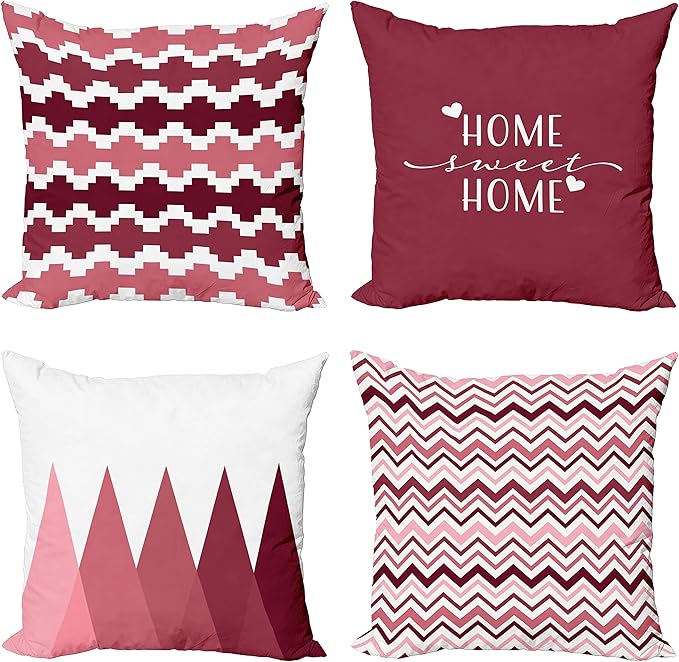 Ambesonne Modern Throw Pillow Cushion Case Pack of 4, Geometric Style Pattern of Triangles Zigzags Love Home Phrase Print, Modern Accent Double-Sided Digital Printing, 18", Raspberry Rose and White