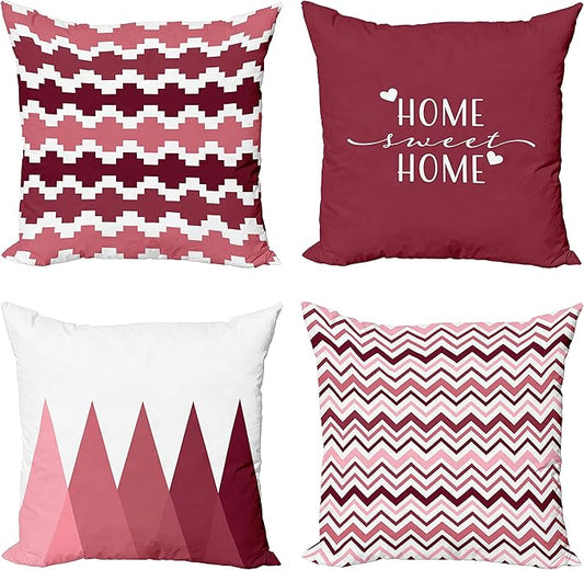 Ambesonne Modern Throw Pillow Cushion Case Pack of 4, Geometric Style Pattern of Triangles Zigzags Love Home Phrase Print, Modern Accent Double-Sided Digital Printing, 18", Raspberry Rose and White