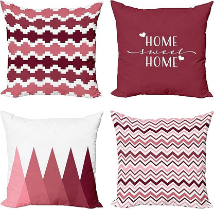 Ambesonne Modern Throw Pillow Cushion Case Pack of 4, Geometric Style Pattern of Triangles Zigzags Love Home Phrase Print, Modern Accent Double-Sided Digital Printing, 16", Raspberry Rose and White