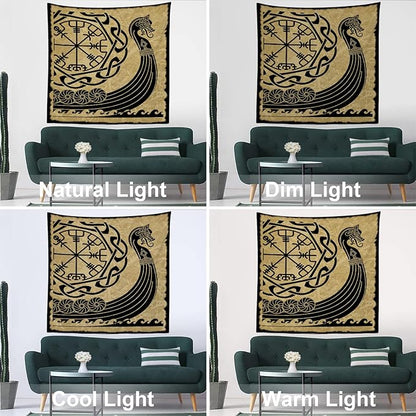Batmerry Vikings Ancient Scandinavian Tapestry,Warship Boat Old Ancient Sea Wall Art Hanging Decoration Polyester Fiber White Ruffled Around for Dorm Room Bedroom Living Room, 59.1x59.1 inches