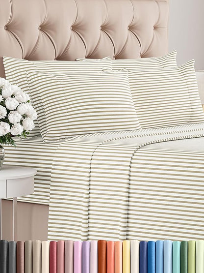 Cal King 6 Piece Sheet Set - Comfy Breathable & Cooling - Soft Hotel Luxury Bedding Set w/ 8-16 Inch Deep Pockets - 1 Flat & 1 Fitted Sheet & 4 Pillowcases - Wrinkle Free & Easy Care - Beige Stripes 2