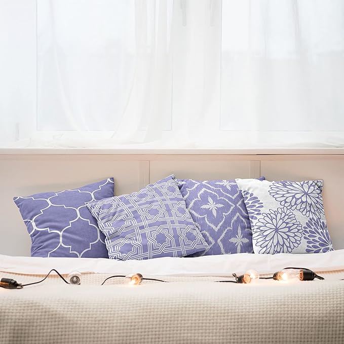 Ambesonne Vintage Throw Pillow Cushion Case Pack of 4, Monochrome Design Grid Trellis Quatrefoil Mesh and Dahlia Flowers Modern Print, Modern Accent Double-Sided Digital Printing, 16", Lavender White