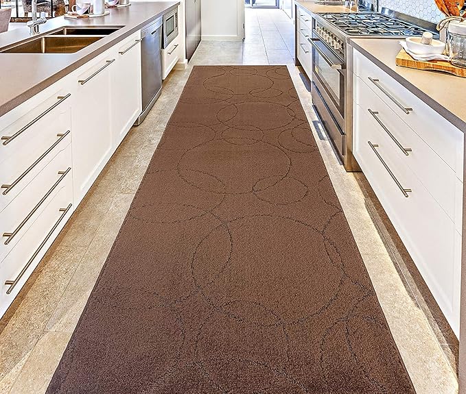 Custom Size Modern Geometric Pattern Carpet Runner Rug for Hallways, Slip Resistant Latex Rubber Backed, 31 inch Wide X Customized Length, Circles Brown, 31 inch X 8 feet