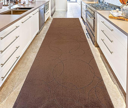 Custom Size Modern Geometric Pattern Carpet Runner Rug for Hallways, Slip Resistant Latex Rubber Backed, 31 inch Wide X Customized Length, Circles Brown, 31 inch X 6 feet