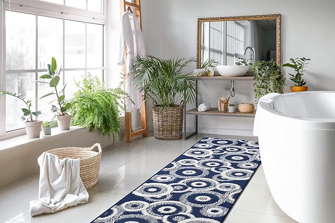 Custom Length Cut to Size Retro Modern Coastal Carpet Runner Rug for Hallways, Non Slip Rubber Backed, 31 inch Wide X Customized Length, Geo Blue, 31 inch X 8 feet