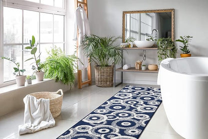 Custom Length Cut to Size Retro Modern Coastal Carpet Runner Rug for Hallways, Non Slip Rubber Backed, 31 inch Wide X Customized Length, Geo Blue, 31 inch X 11 feet