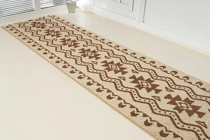 Custom Length Cut to Size Tribal Ethnic Southwestern Inspired Hallway Runner Rug, Non Slip Rubber Backed, 31 inch Wide X Customized Length, Aztec Beige, 31 inch X 9 feet