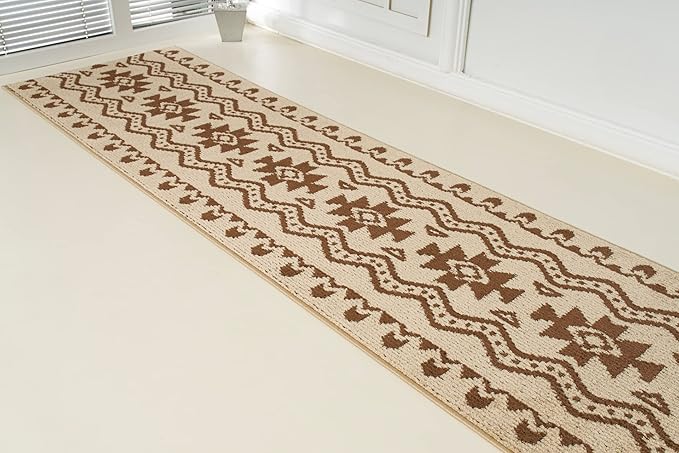 Custom Length Cut to Size Tribal Ethnic Southwestern Inspired Hallway Runner Rug, Non Slip Rubber Backed, 31 inch Wide X Customized Length, Aztec Beige, 31 inch X 6 feet