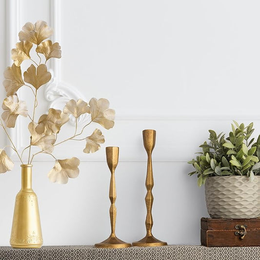 Gold Candlestick Holders Set of 2 – Brass Taper Candle Holders for Elegant Tabletop or Mantel Decor