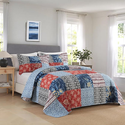 Secgo Queen Comforter Set for Bed - 100% Cotton Quilts Queen Size, Black Bedspreads (90 * 98 Inch) with 2 Pillow Shams, Patchwork Reversible Lightweight Bedding