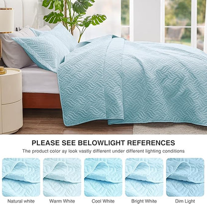 Love's cabin Twin Quilt Set Light Blue Bedspreads - Soft Bed Summer Lightweight Bedspread Comforter - Modern Style Wave Pattern Coverlet for All Season - 2 Pieces (1 Quilt, 1 Pillow Sham)