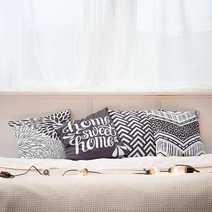Ambesonne Geometric Throw Pillow Cushion Case Pack of 4, Home Phrase Minimal Zigzag Squama Dahlia Flower Petals Chevron Tribal, Modern Accent Double-Sided Digital Printing, 16", Dark Mauve and White